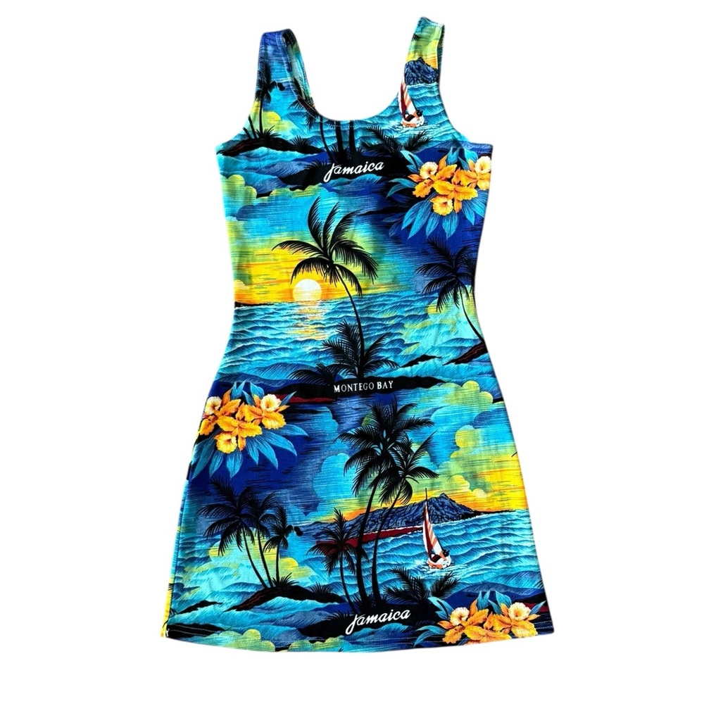 Vintage Blue Tropical Print Mini Dress Size Medium